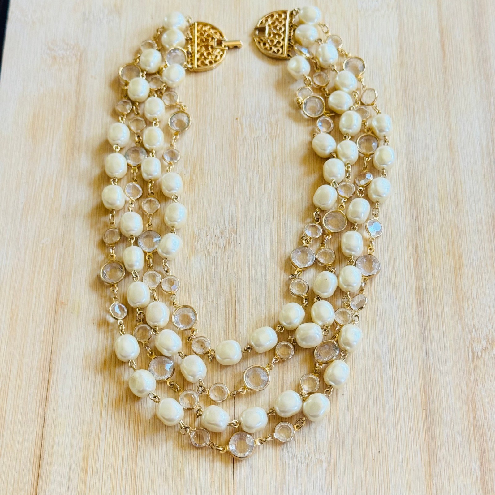 VTG Regal Baroque Pearl Multi Bib Necklace Crystal Acrylic 4 Strand Gold Luxury