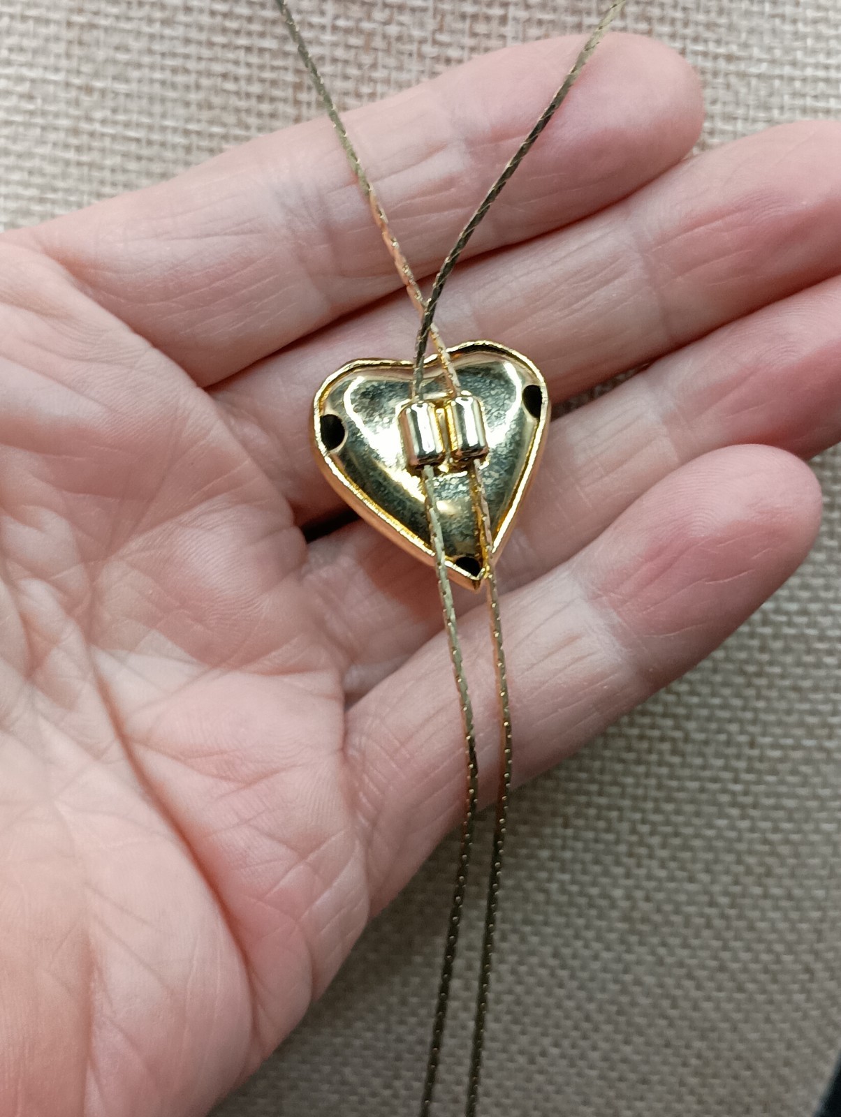 Vintage Heart Lariat Necklace Puffy Slide Pendant Gold Tone Bolo Tassel