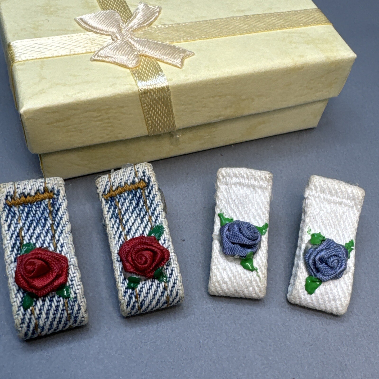 VTG Western Handmade Denim Beltloop Earrings Roses Unique Gift 2 Pair Pierced