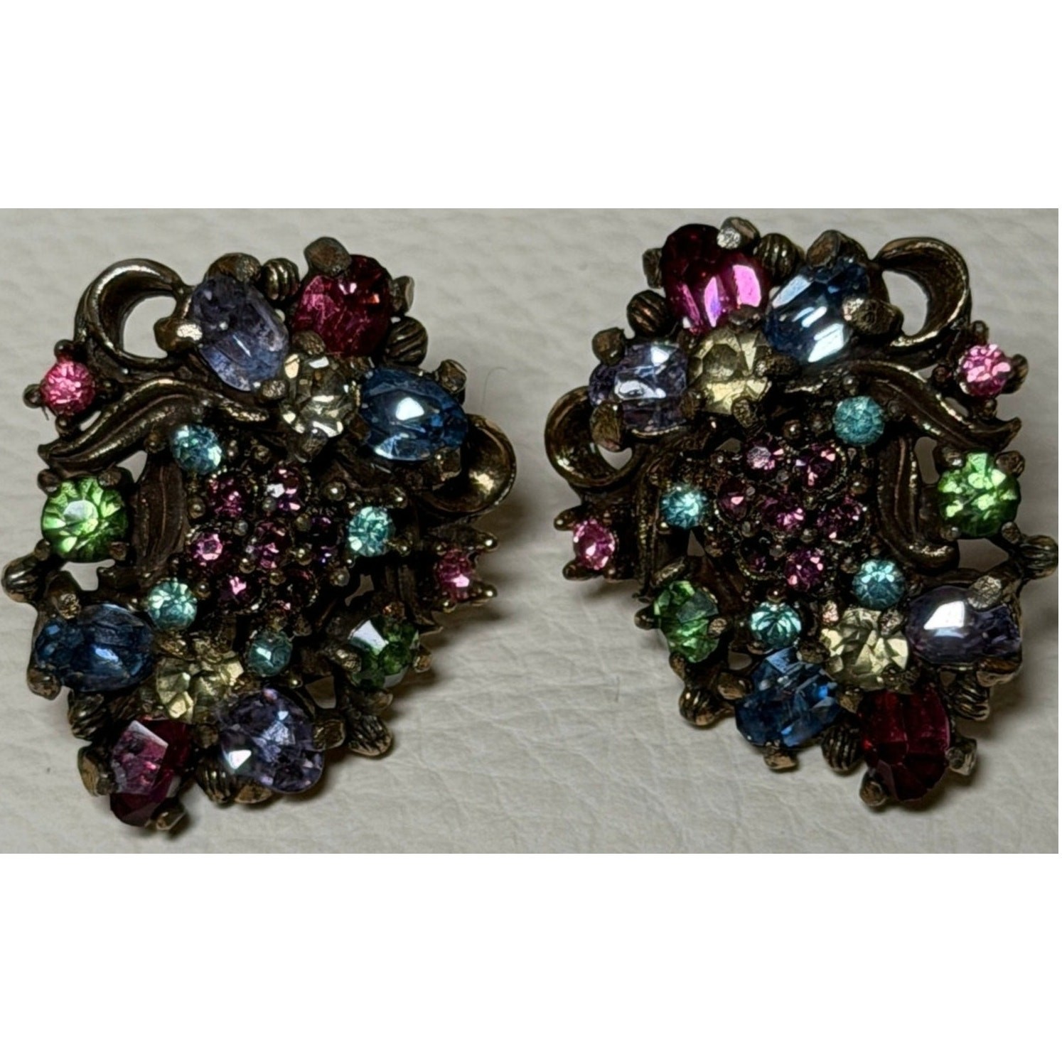 Signed Holly Craft Vintage Multi-rhinestone Earrings
