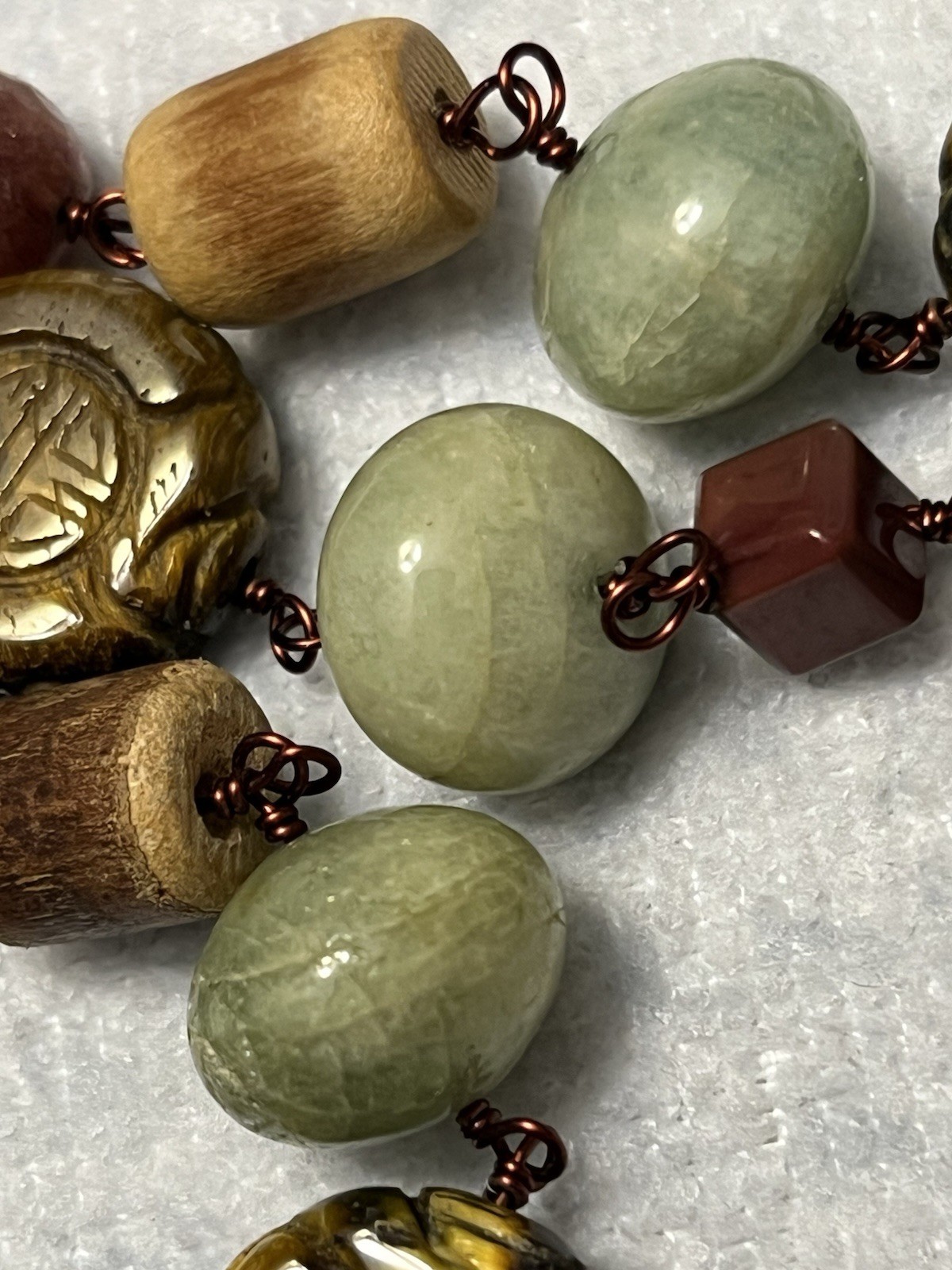 ESTATE CHINESE CARVED TIGERS EYE, JADE JASPER STONE NECKLACE 18” STERLING COPPER