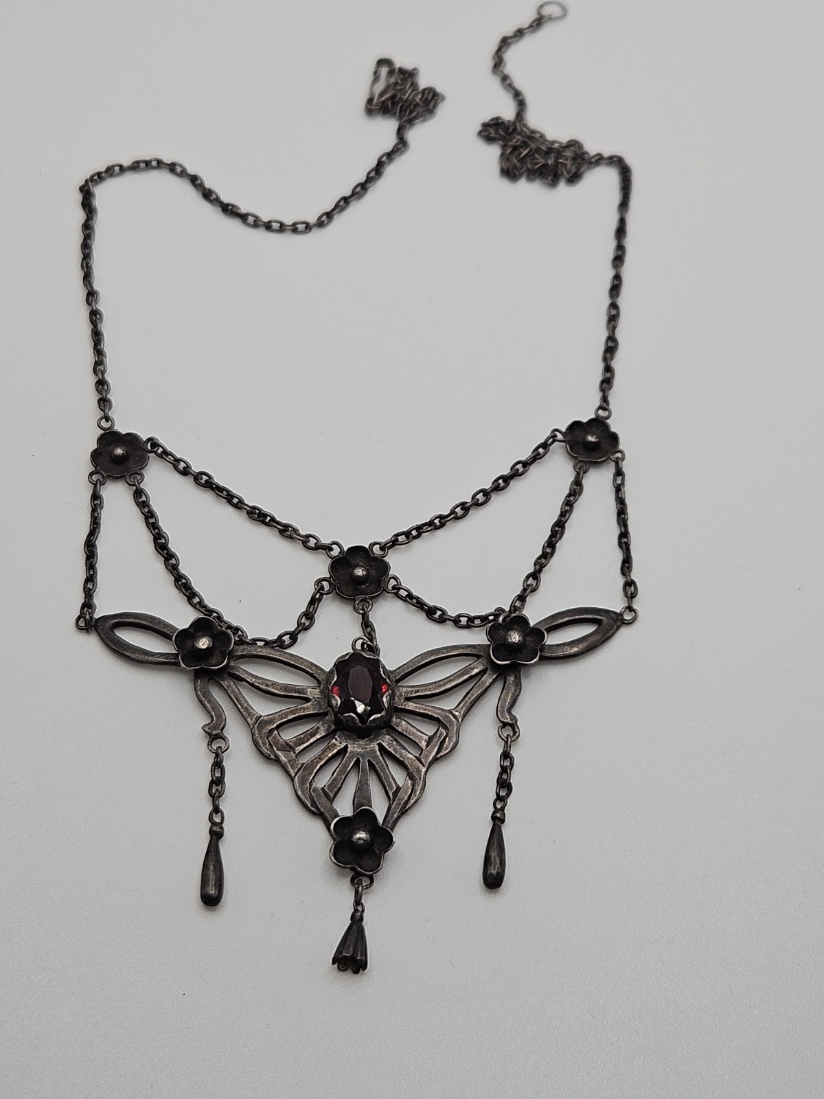 Vintage Victorian Revival Festoon Sterling Red Garnet Flower Necklace As Is