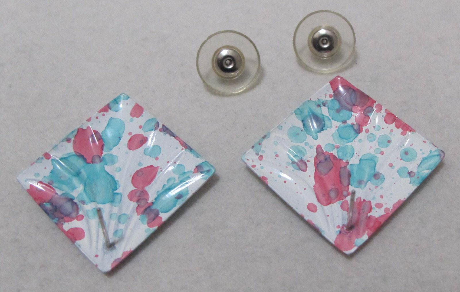 Fun! Vintage Pink Purple Aqua White Splatter Enamel Diamond-Shape Post Earrings
