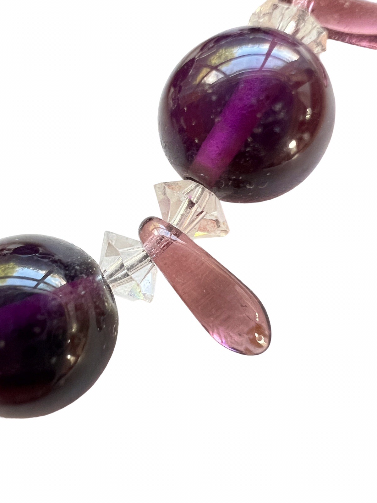 Vintage Amethyst Glass Bead Necklace Crystal Spacers Points Slver Tone Clasp B7