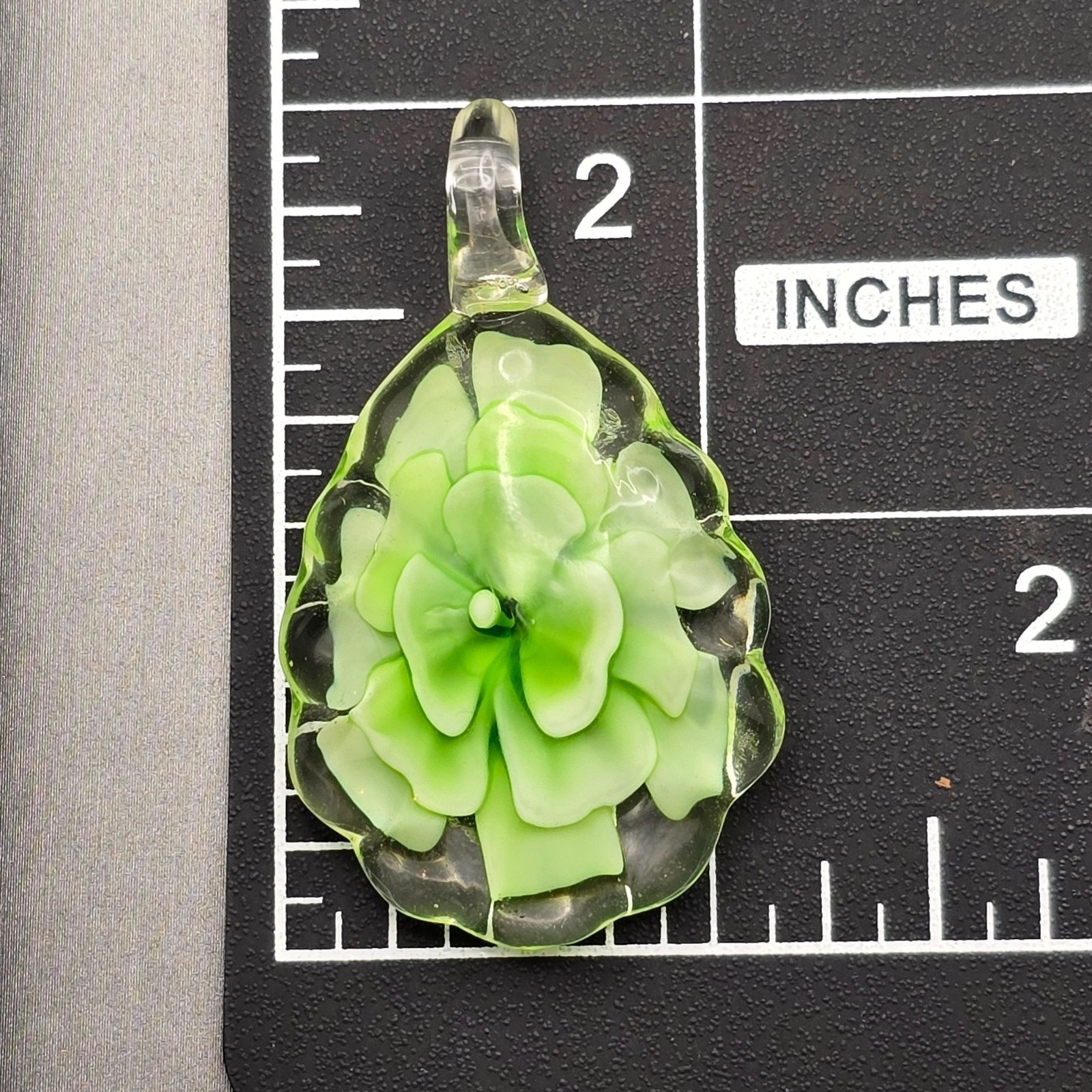 Artisan Glass Leaf Pendant 1.75×1.25″ Green Floral Design Scalloped Edges