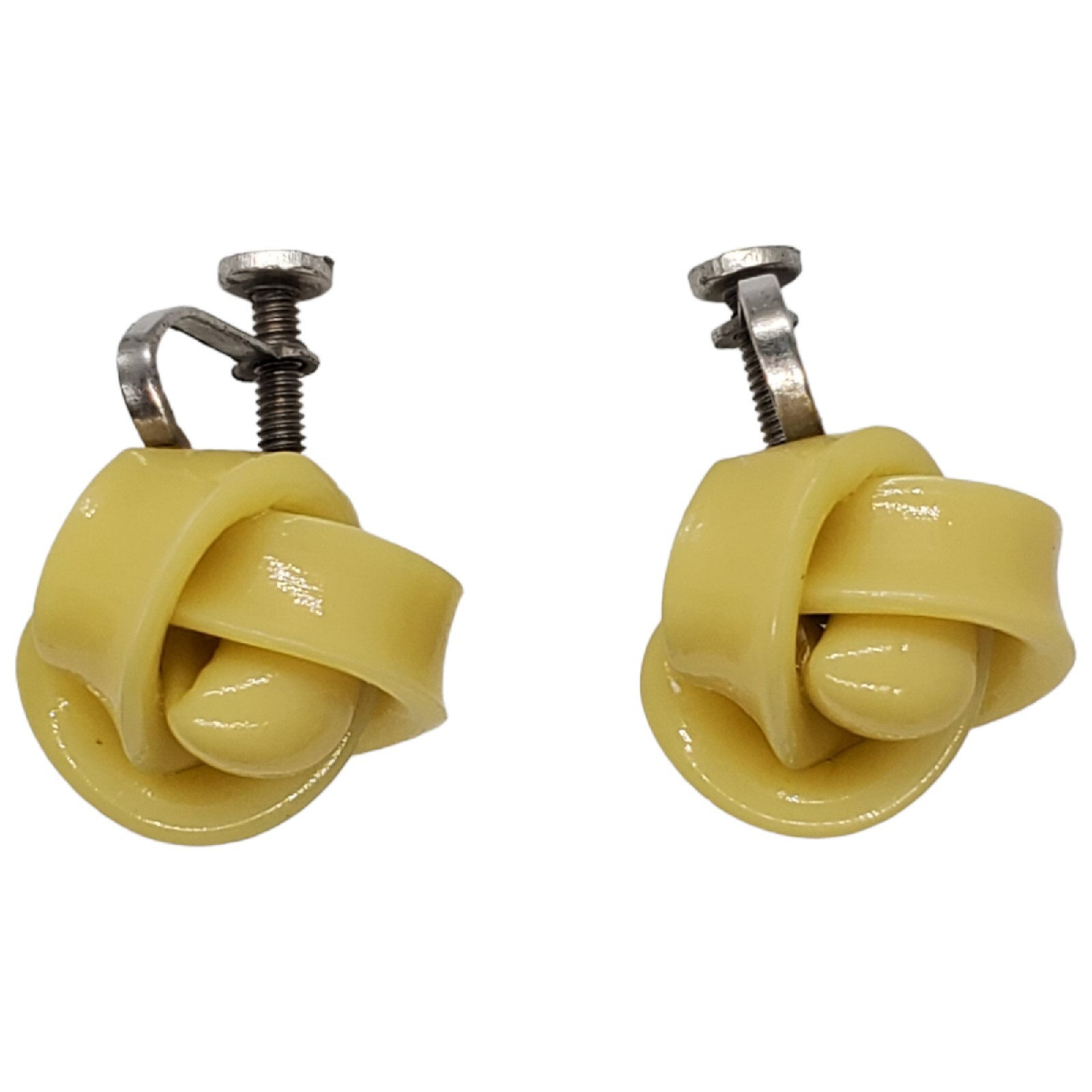 Vintage Celluloid Screw Back Earrings Yellow Rose Knot Silver Tone .5″