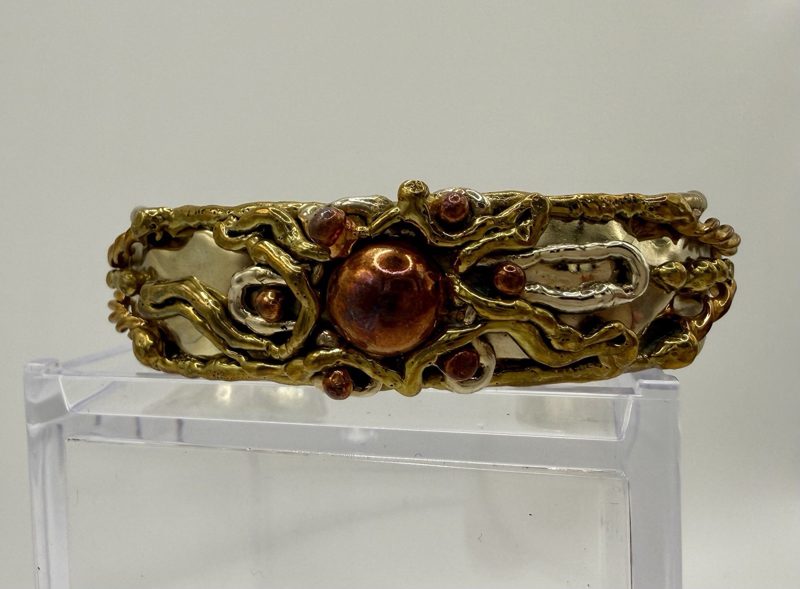Vtg Mexican Brutalist Mixed Metal Cuff Bracelet Sterling Base Eagle Stamp 25.6g