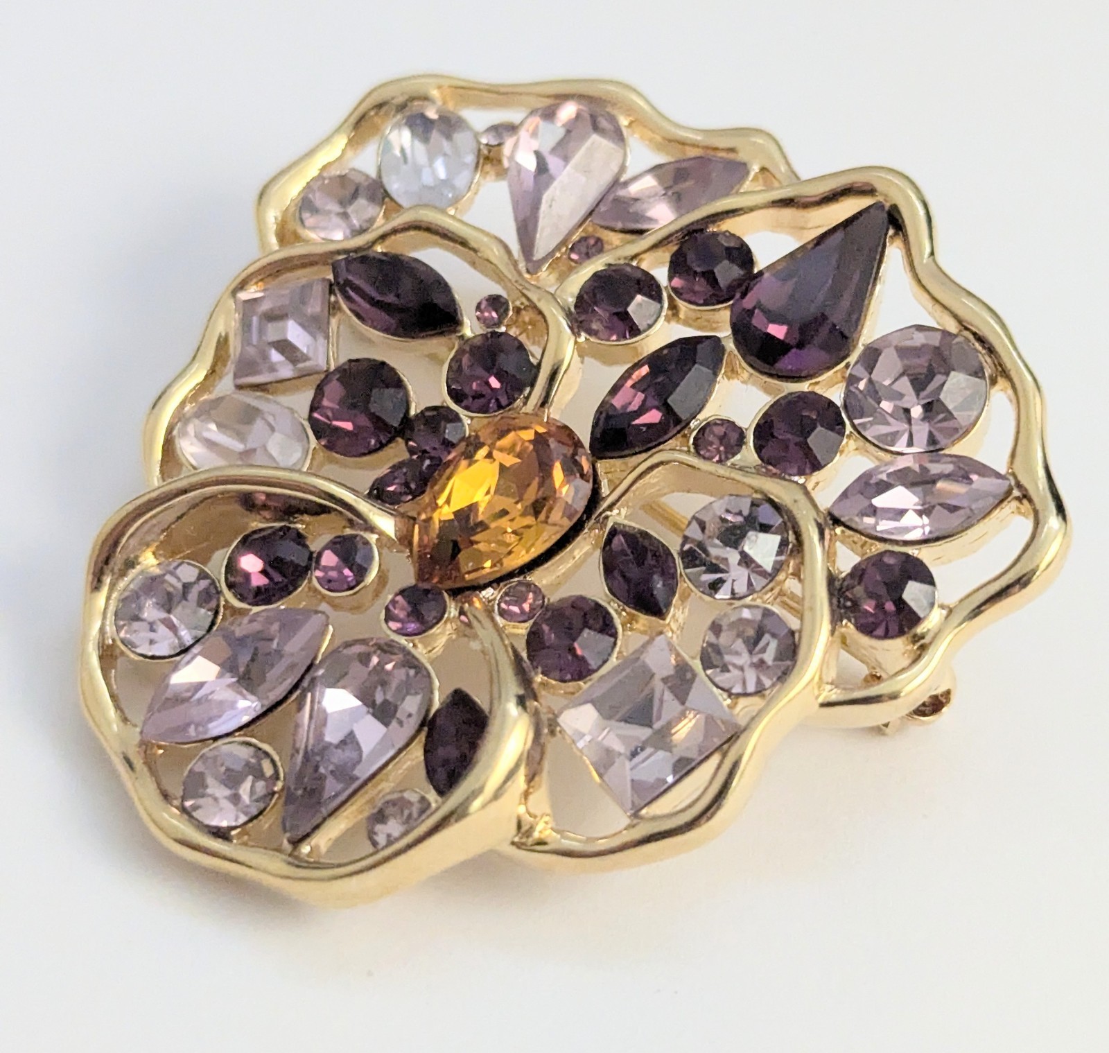 Vtg Signed Nolan Miller Purple Rhinestone Pansy Flower Brooch Gold Tone