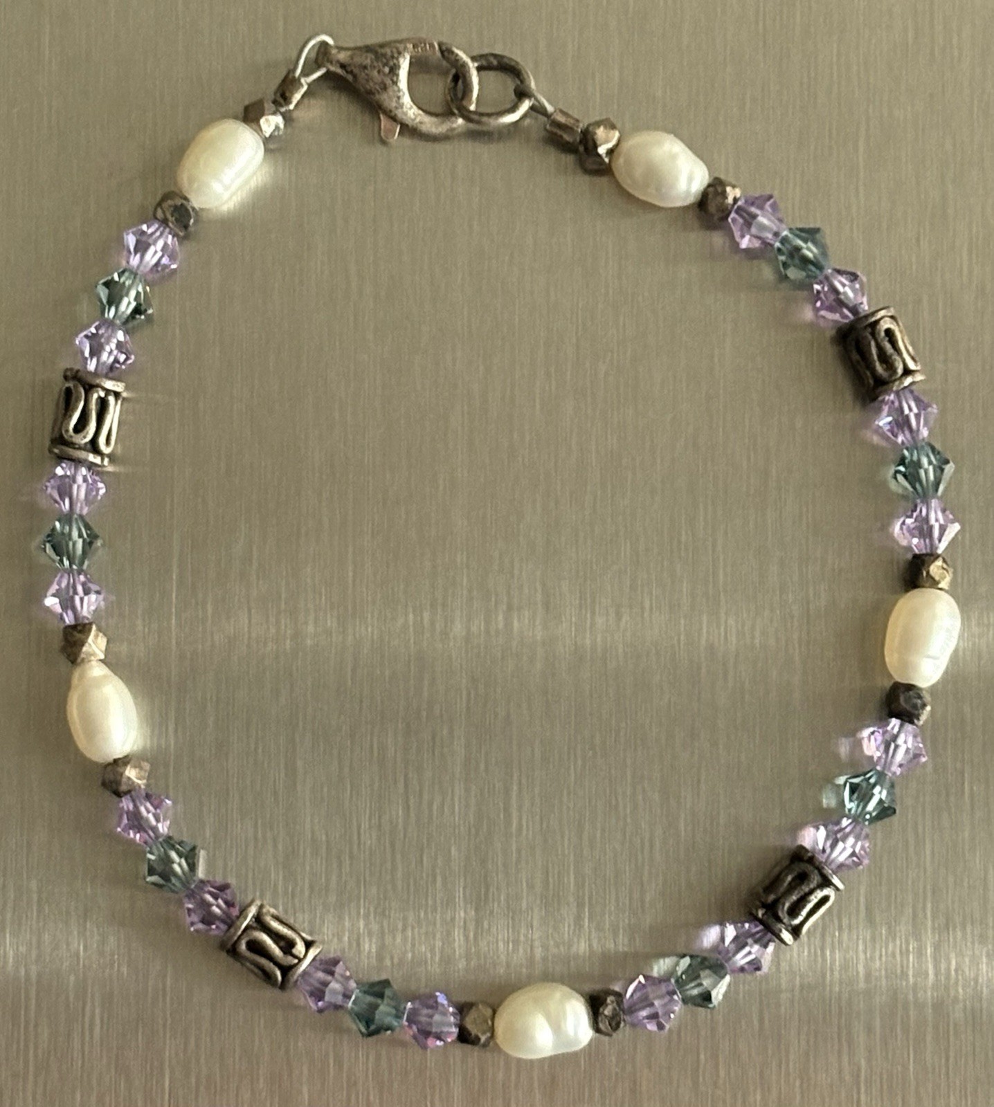 Vintage 925 Sterling Silver Teal and Purple Crystal, Pearl, Bead 7.25” Bracelet
