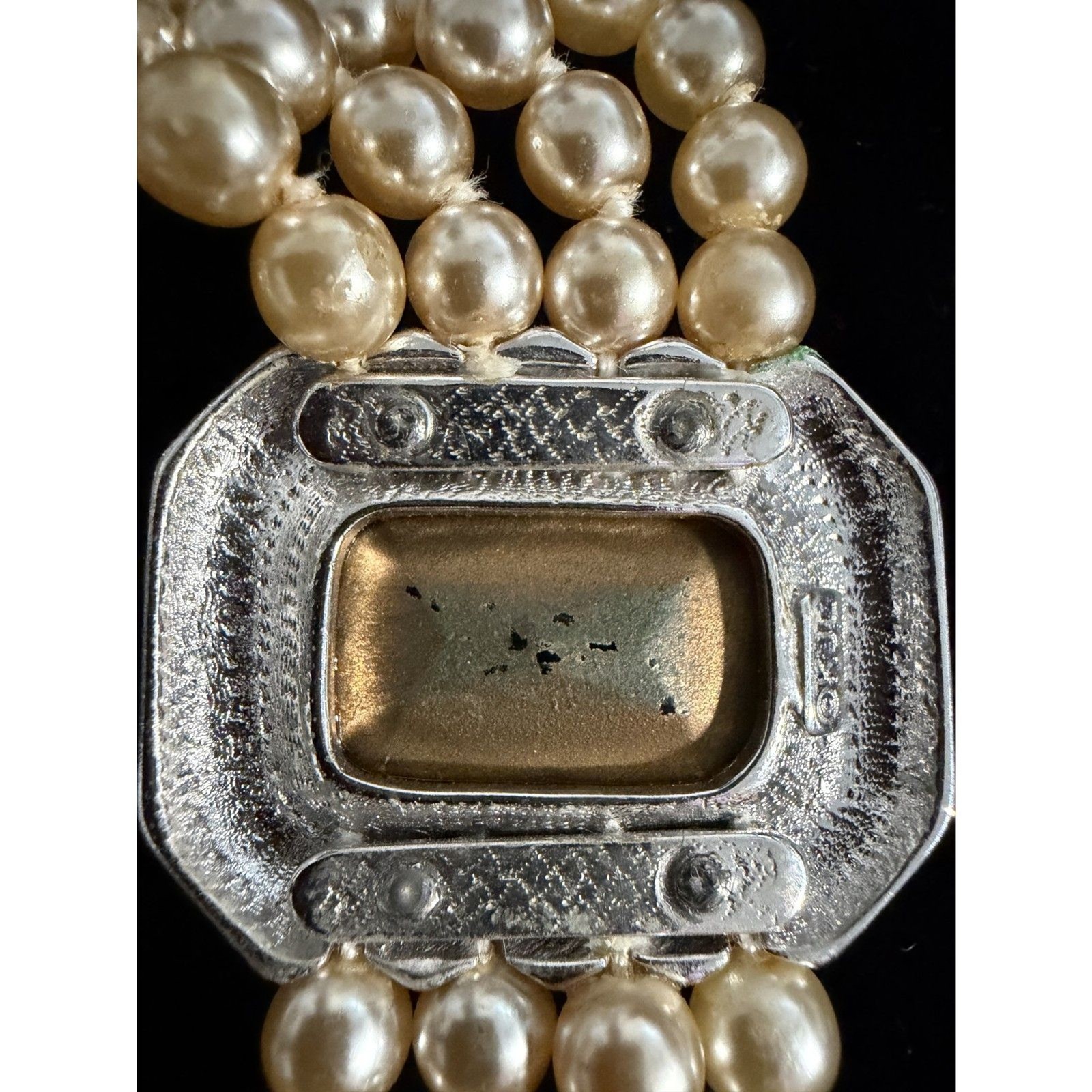 Kenneth Jay Lane Signed, 4 Strand Faux Pearl Choker with Central Sapphireed Ear