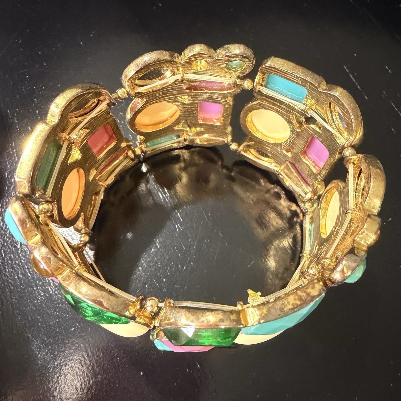 Vintage Gold Tone Faux Cabochon Bracelet Multicolor Ornate Linked Panels A1