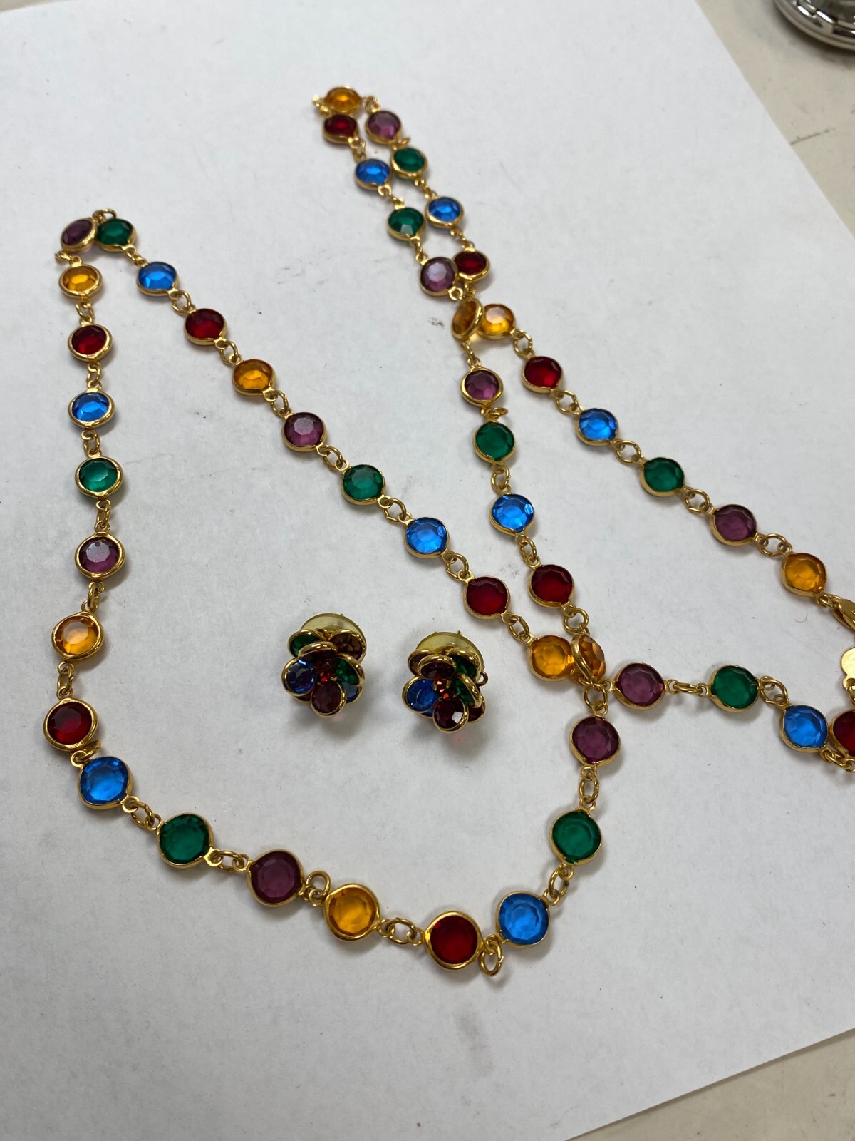 Austrian Crystal USA Vintage Necklace/Earrings Multicolor Open Bezel Gold Color