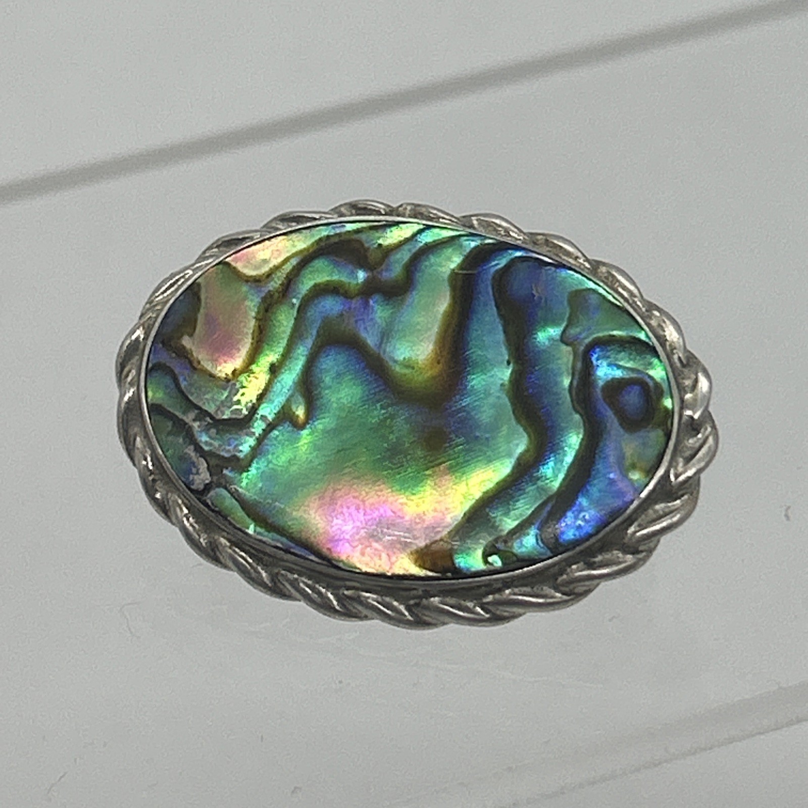 Vintage Paua Shell Sterling Silver Brooch 925 Oval Abalone Mother Of Pearl