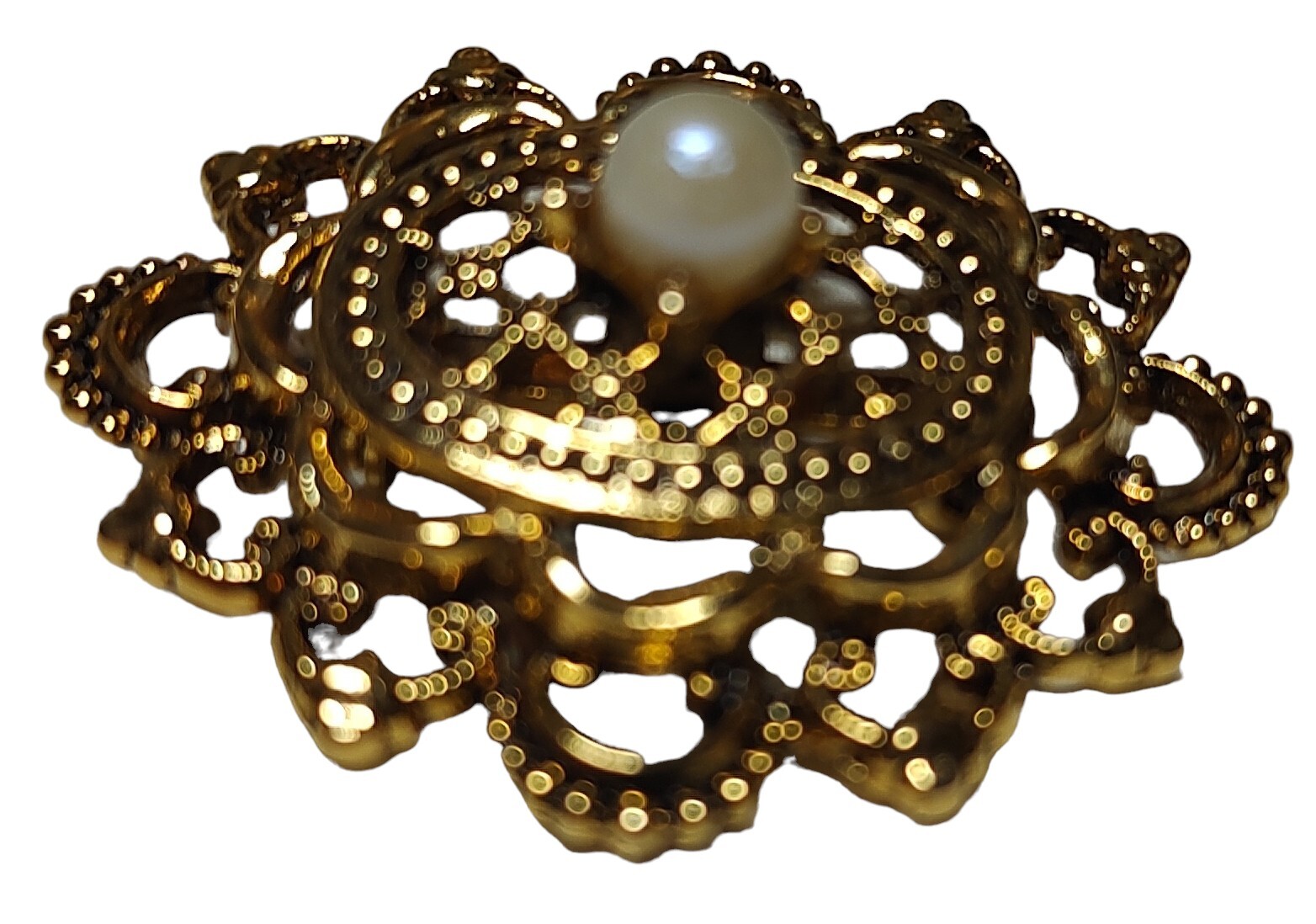 Vintage Tacoa Raised Relief Brooch Pin Faux Pearl Floral Filigree Gold Tone Oval