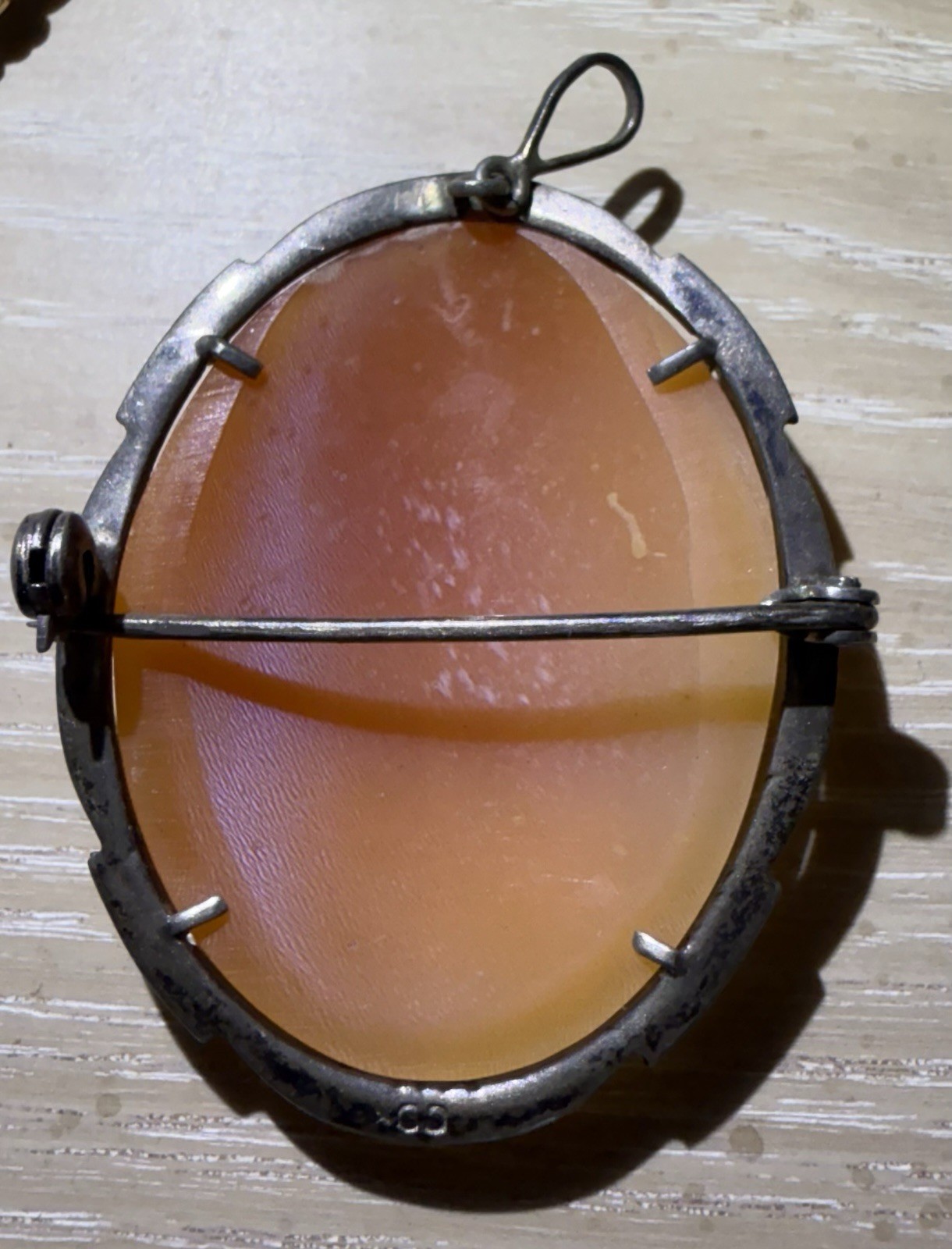 Antique Victorian Oval Shell Cameo Brooch Pendant, 800 Silver Frame, Brown/White