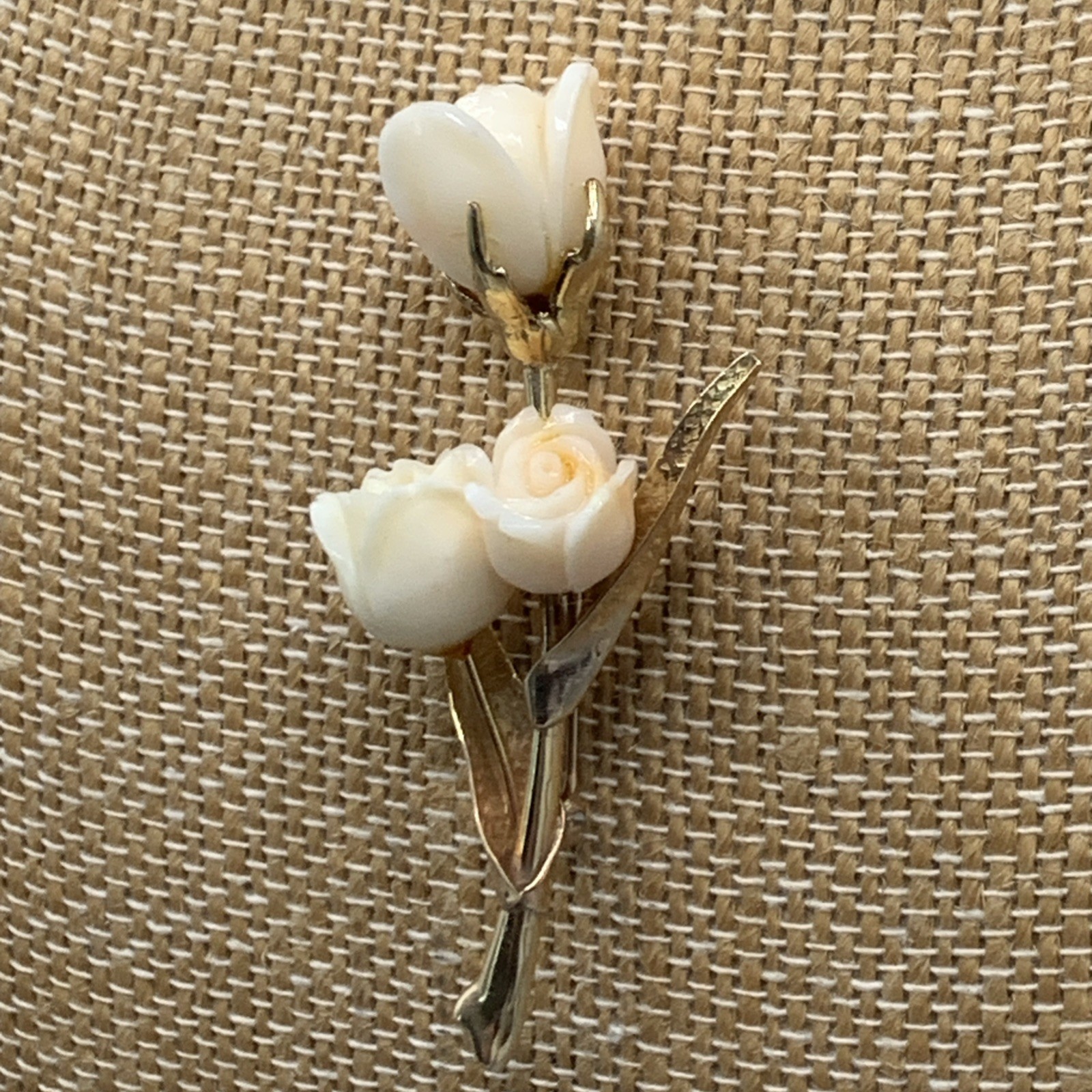 Vtg Masaniello 14k Gold & Carved Angel Skin Rose Pin Brooch. 11.38g, 2.4”x1.1”