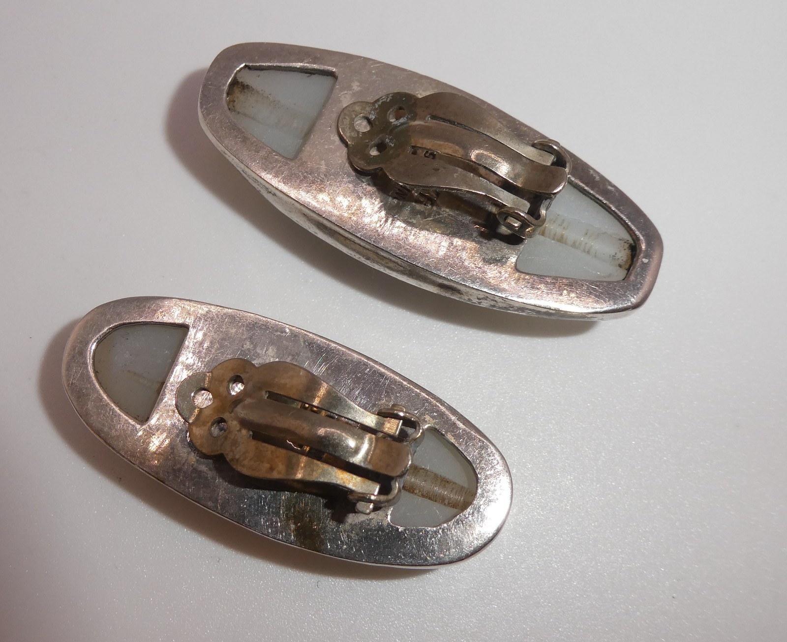 Lg Sterling Silver 925 Clip Earrings Amy Kahn Russell AKR Blue Lace Agate Signed