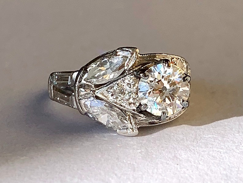 Estate Platinum Floral Burst Diamond Cluster Ring Simulated Center Stone