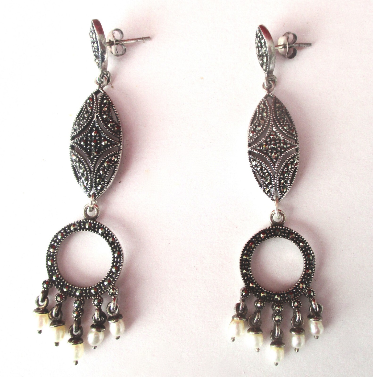 Pair of Vintage Sterling Silver & Marcasite Earrings With Pearls/Boho/Hippie/