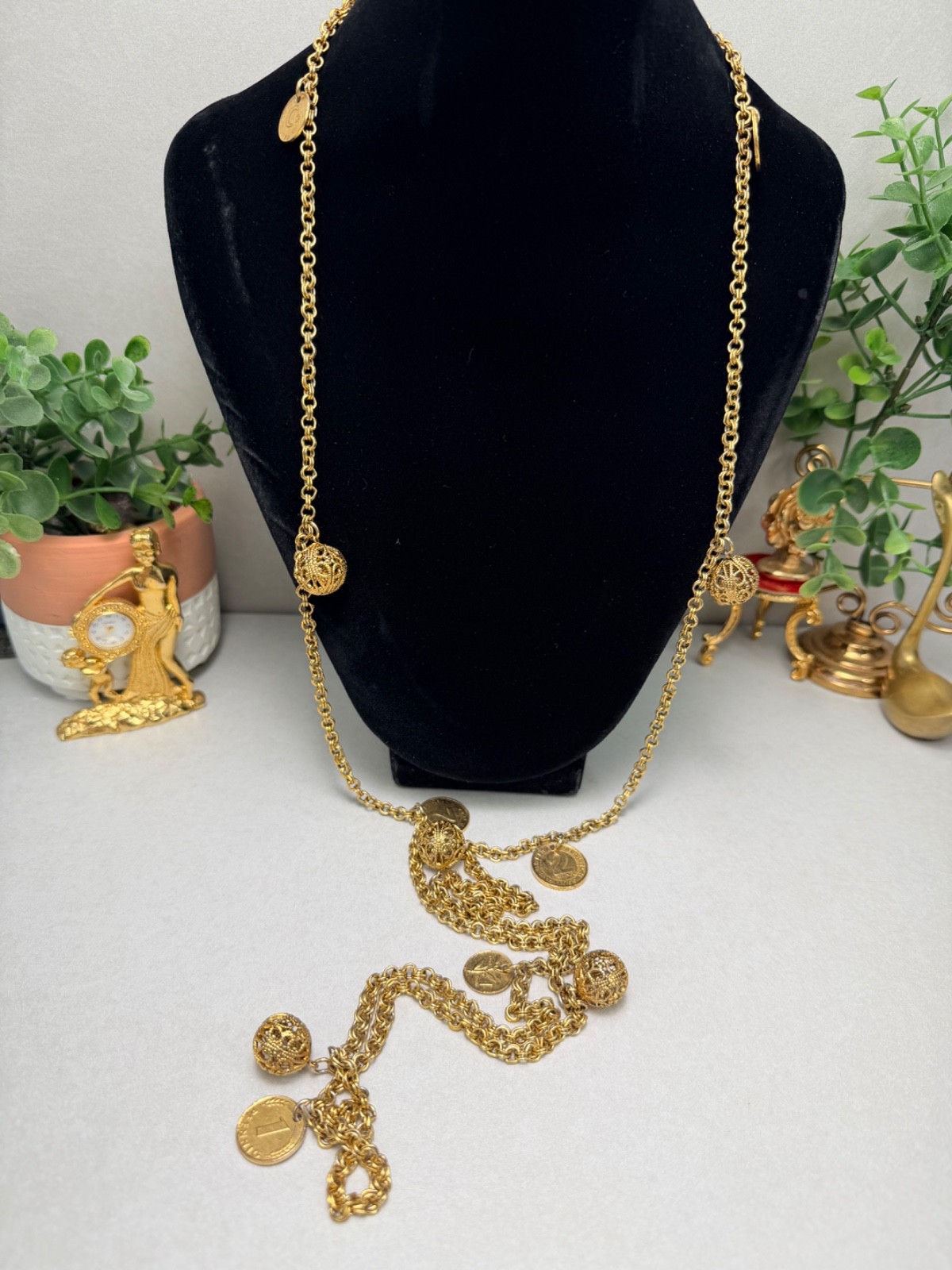 Long Gold Tone Coin Charm Necklace Filigree Ball Accents Boho Vintage