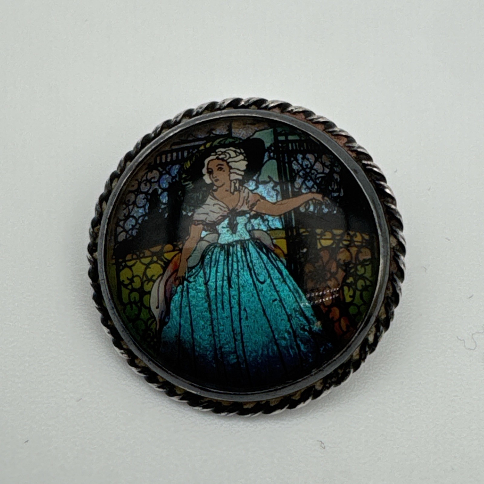 Antique 1920s Sterling Silver Reverse Painted & Morpho Butterfly Pin England