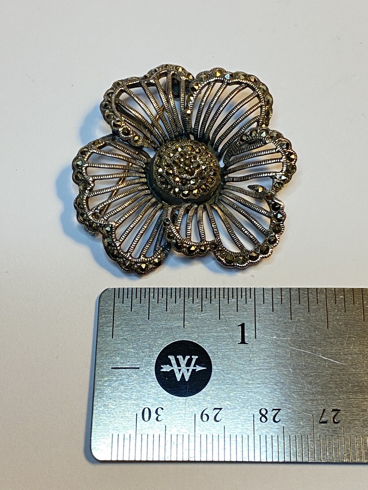 Vintage 925 Silver DBJ Pin Brooch Art Deco Marcasite 1.5″ Flower
