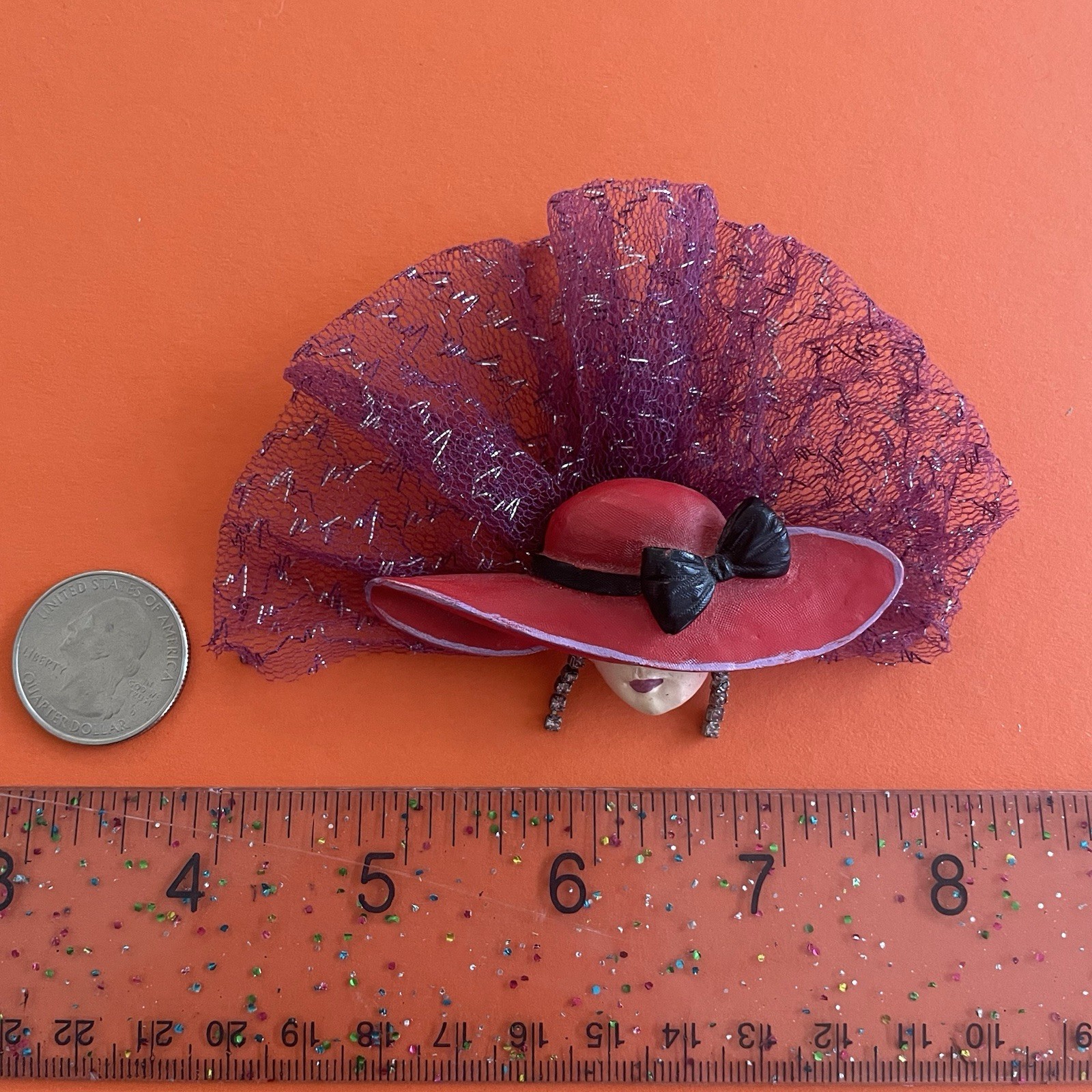 Vtg Brooch Pin Red Hat Society Rhinestone Lady 3D Fabric Lapel Pin