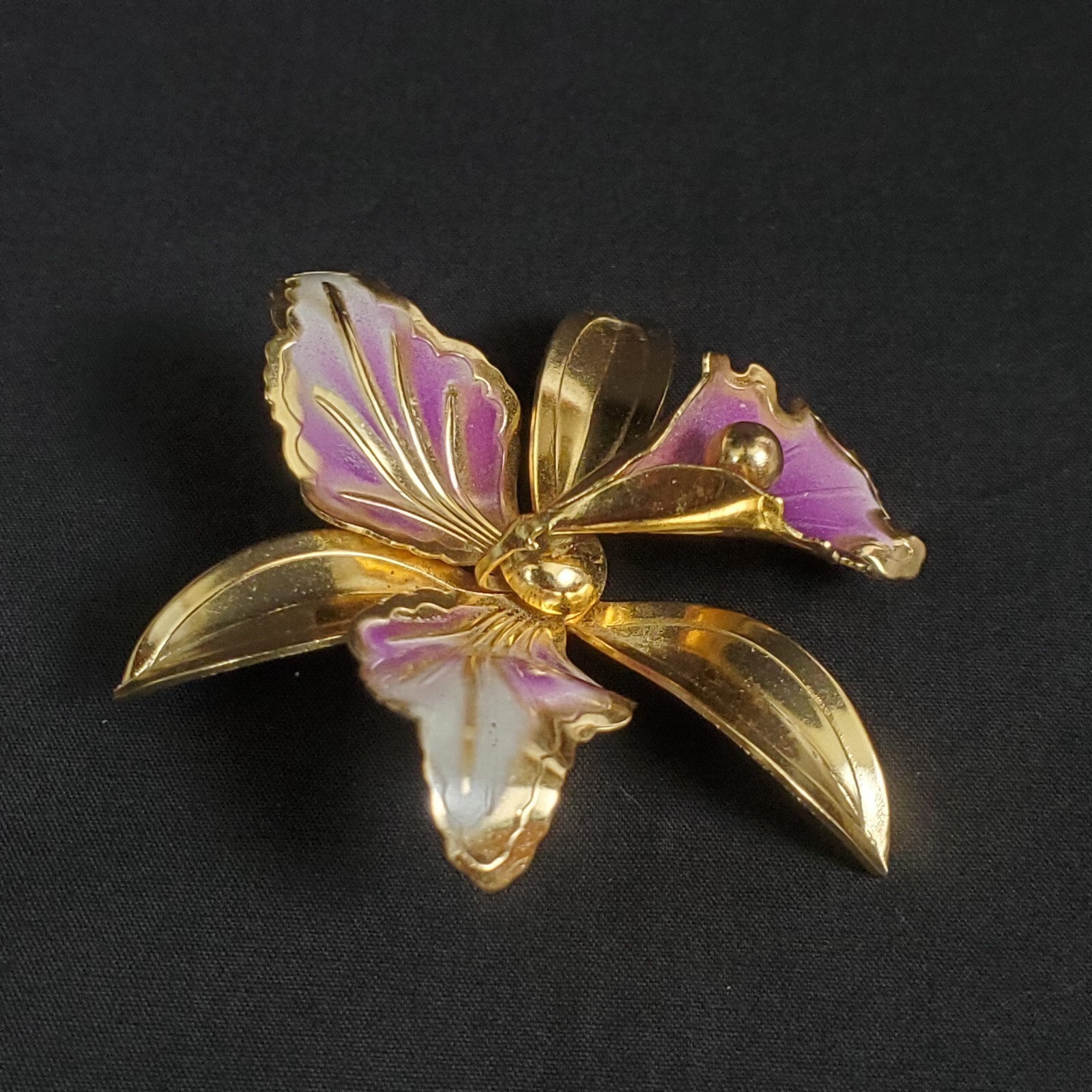Flower Orchid White Purple Enamel Vintage Gold Brooch Statement Pin Large