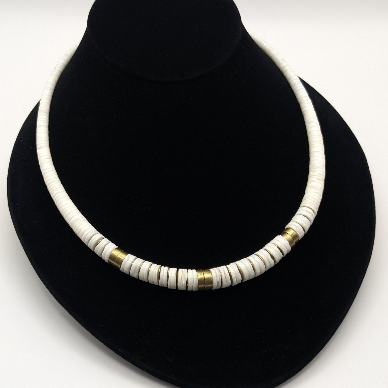 Vintage Heishi Shell and Brass Metal Spacers Graduated Beaded Necklace 18.25in