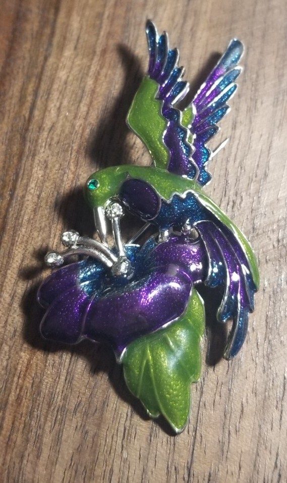 Colorful Hummingbird And Flower Brooch Purple Green And Blue Enamel Silver