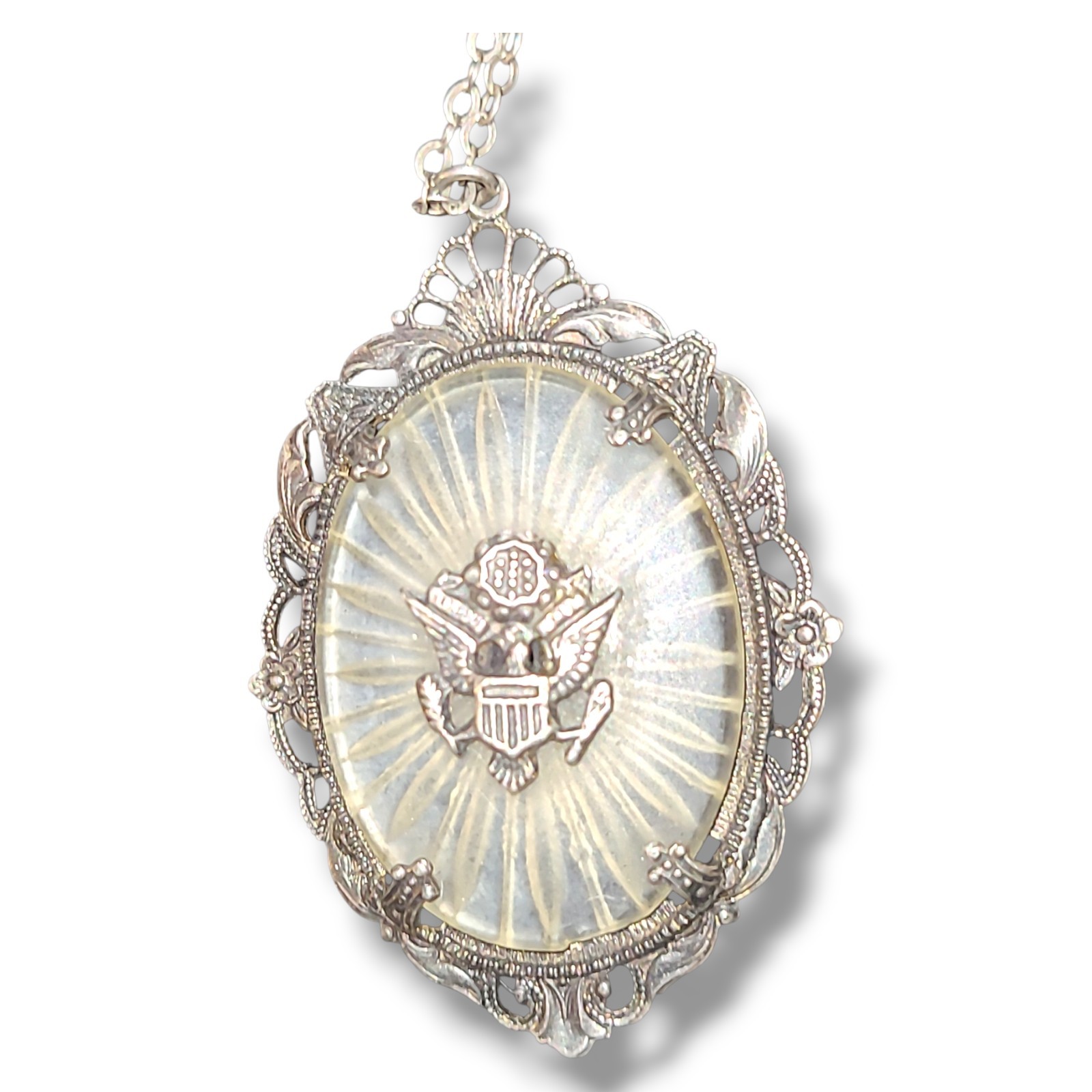 Vintage Sterling Silver Camphor Glass Eagle Pendant Necklace Art Deco 16in