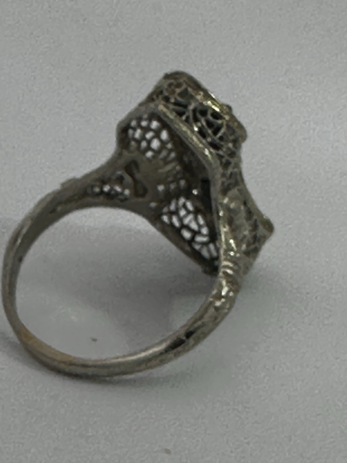Vintage 14k White Gold Estate Onyx Diamond Ring Filigree Art Deco