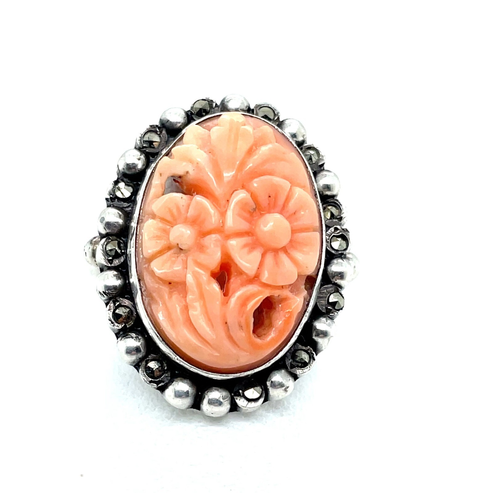 800 Silver Carved Coral and Marcasite Ring – Size 6
