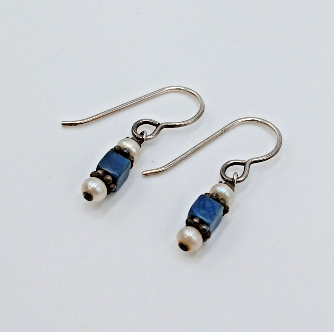VTG Beaded Dangle Earrings 1in Drop Blue Stone Seed Pearl Silver Tone Estate