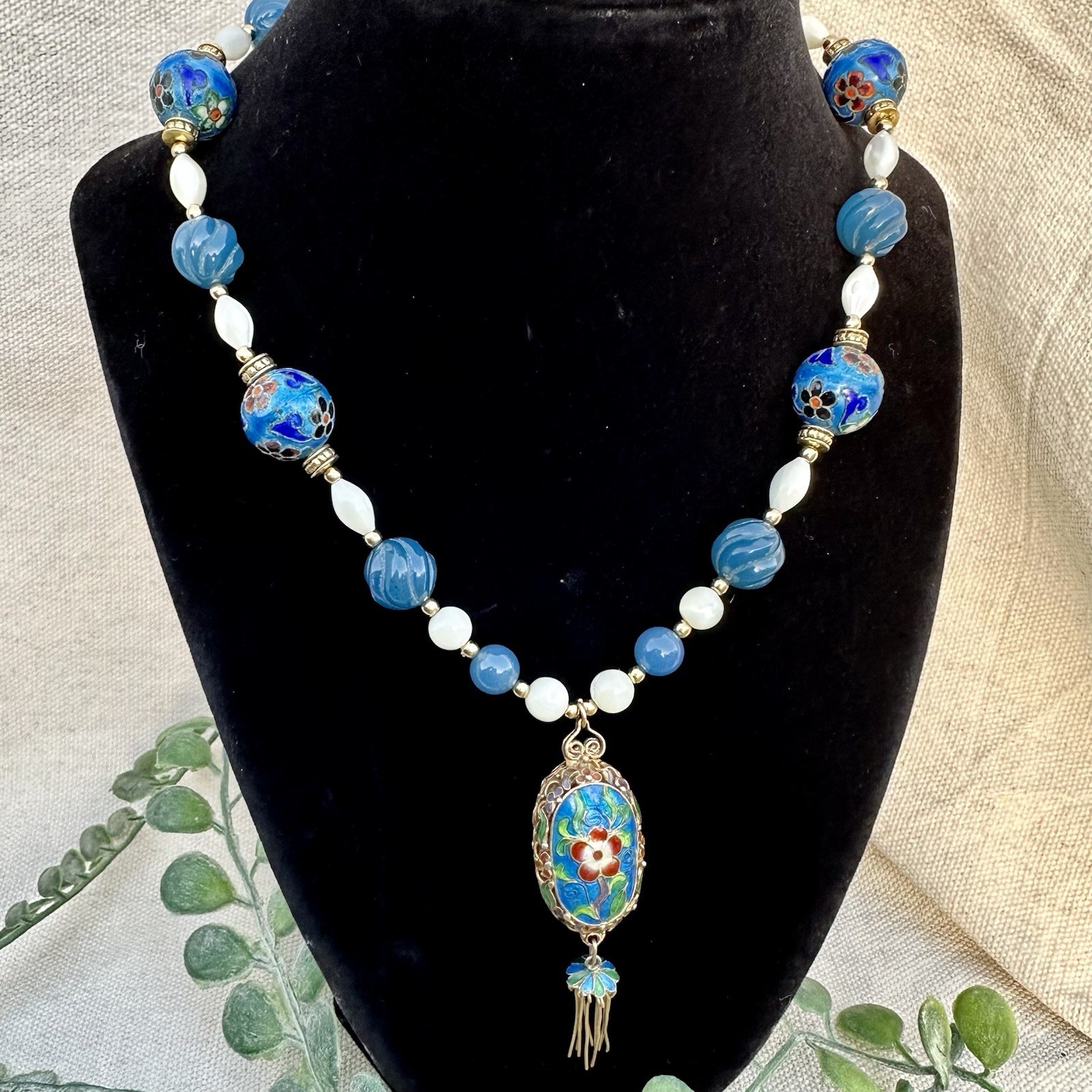 36” Vtg Cloisonné Pendant Tassel Beaded Necklace Mother Of Pearl Chinoiserie