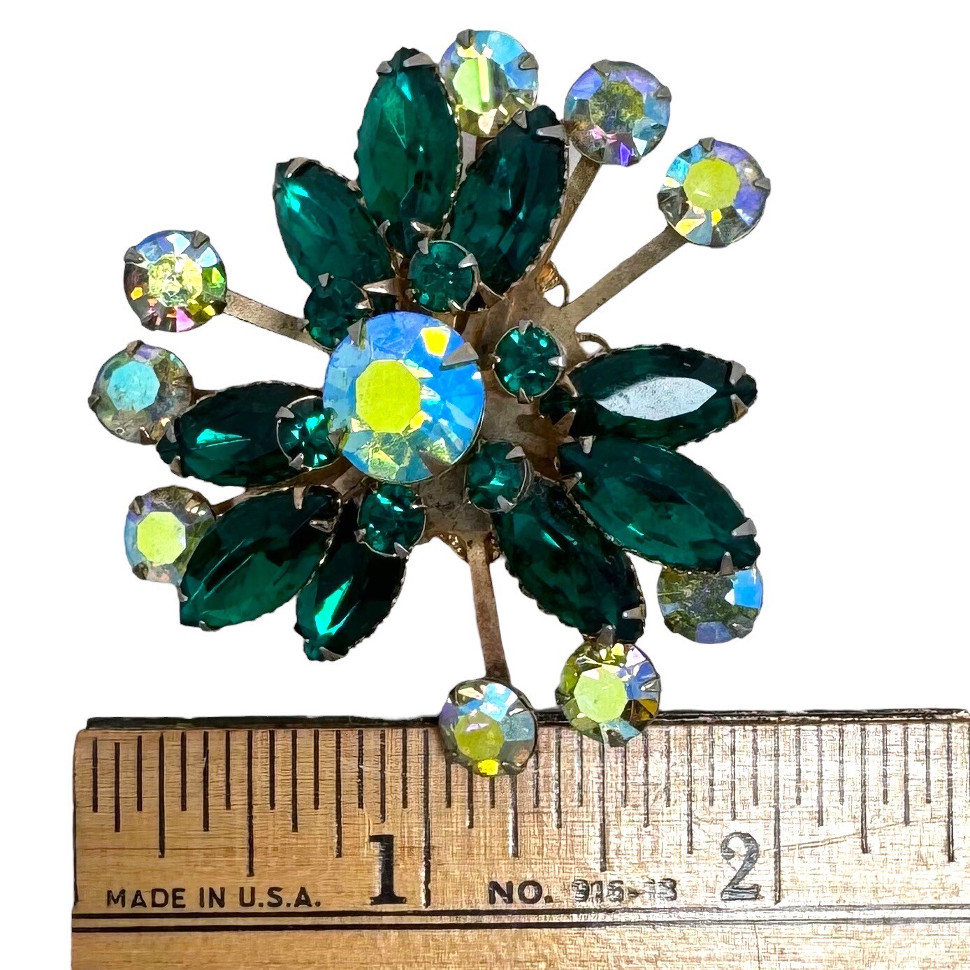 Vtg Gold Tone Light Dark Green Rhinestone Brooch Rivet Filigree Back Satellite