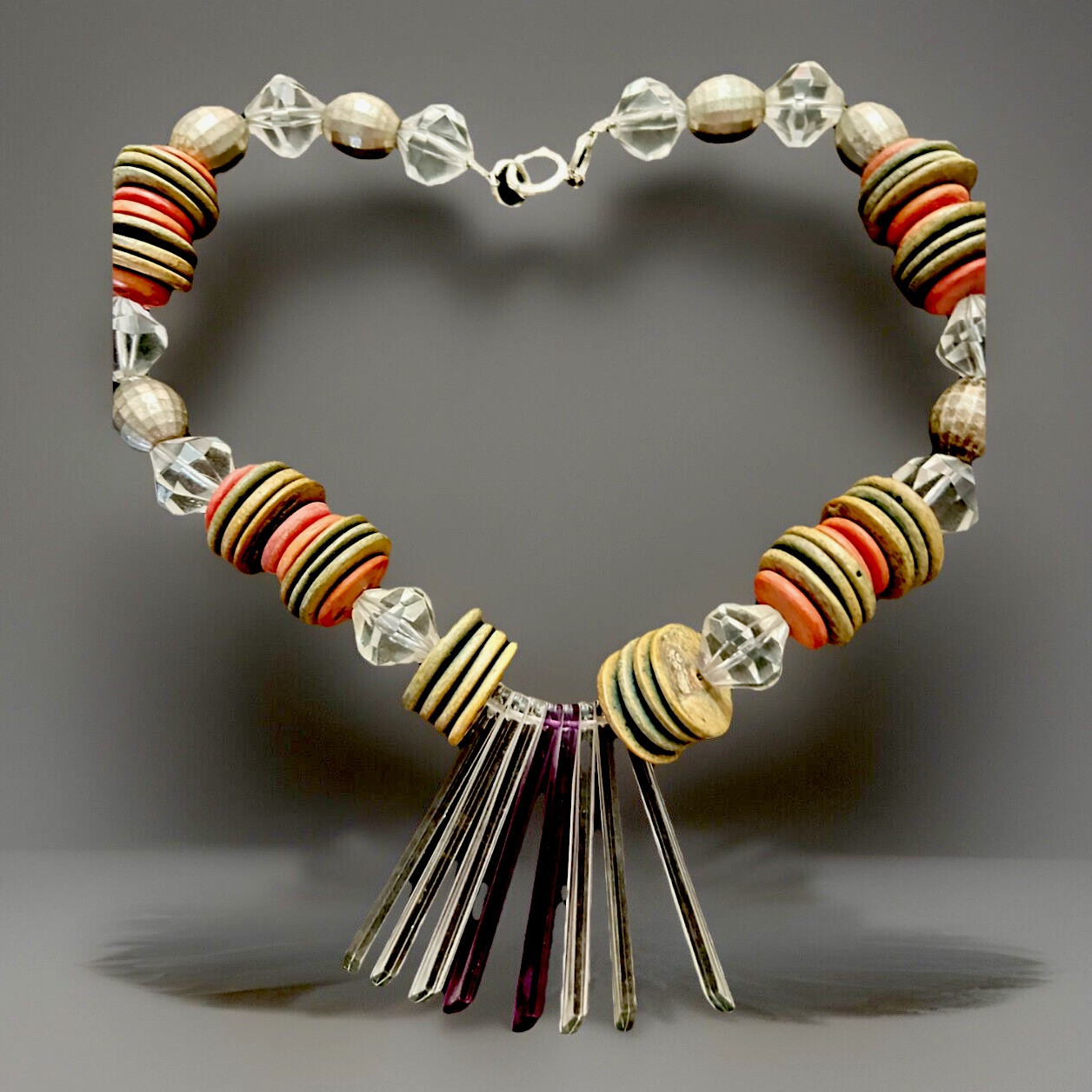 Vintage Translucent Lucite And Wood Necklace Unique Style 16” GB-1
