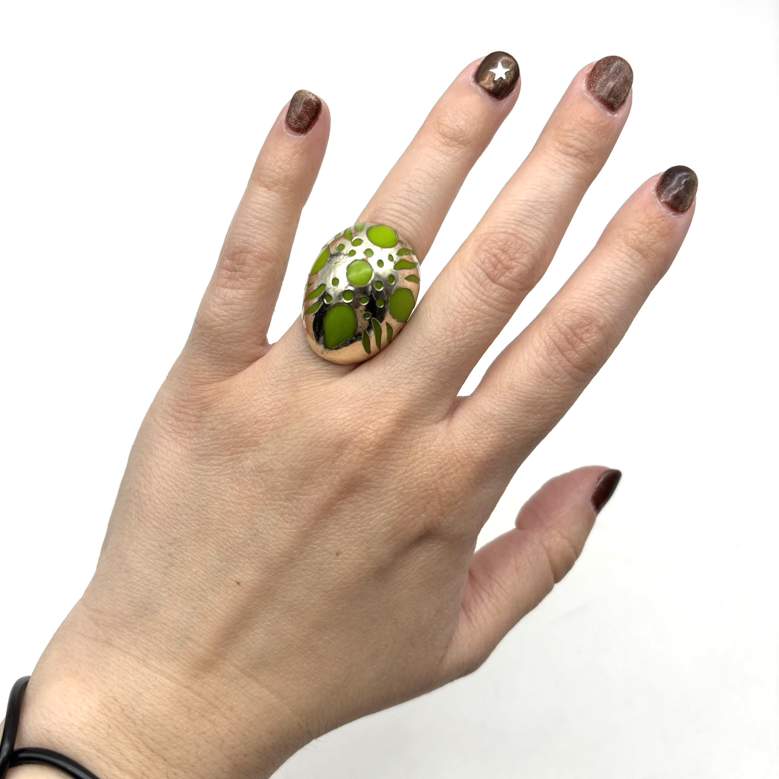 Vintage 60s 70s Silver-tone & Lime Green Enamel Brass Bubble Dome Ring Size 5.75