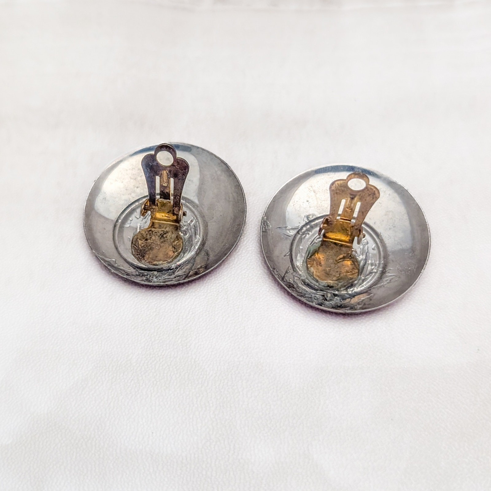 Vintage Clip On Earrings Large 1.25″ Muted Pink & Blue Contrasting Statement
