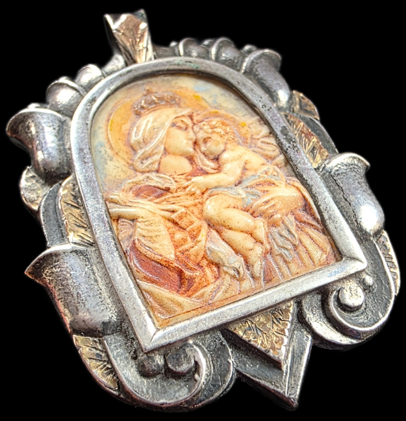 Fine Antique Art Nouveau Silver Gold Madonna Virgin Mary and Jesus Pendant C1900