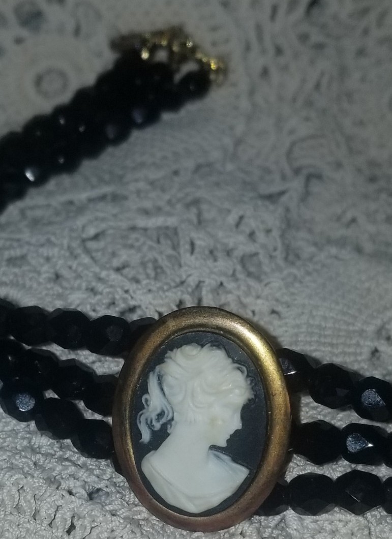 Cameo Necklace, Antique Jet Black Glass,3 Strand Choker, 16 1/2 inch, Gold Tone