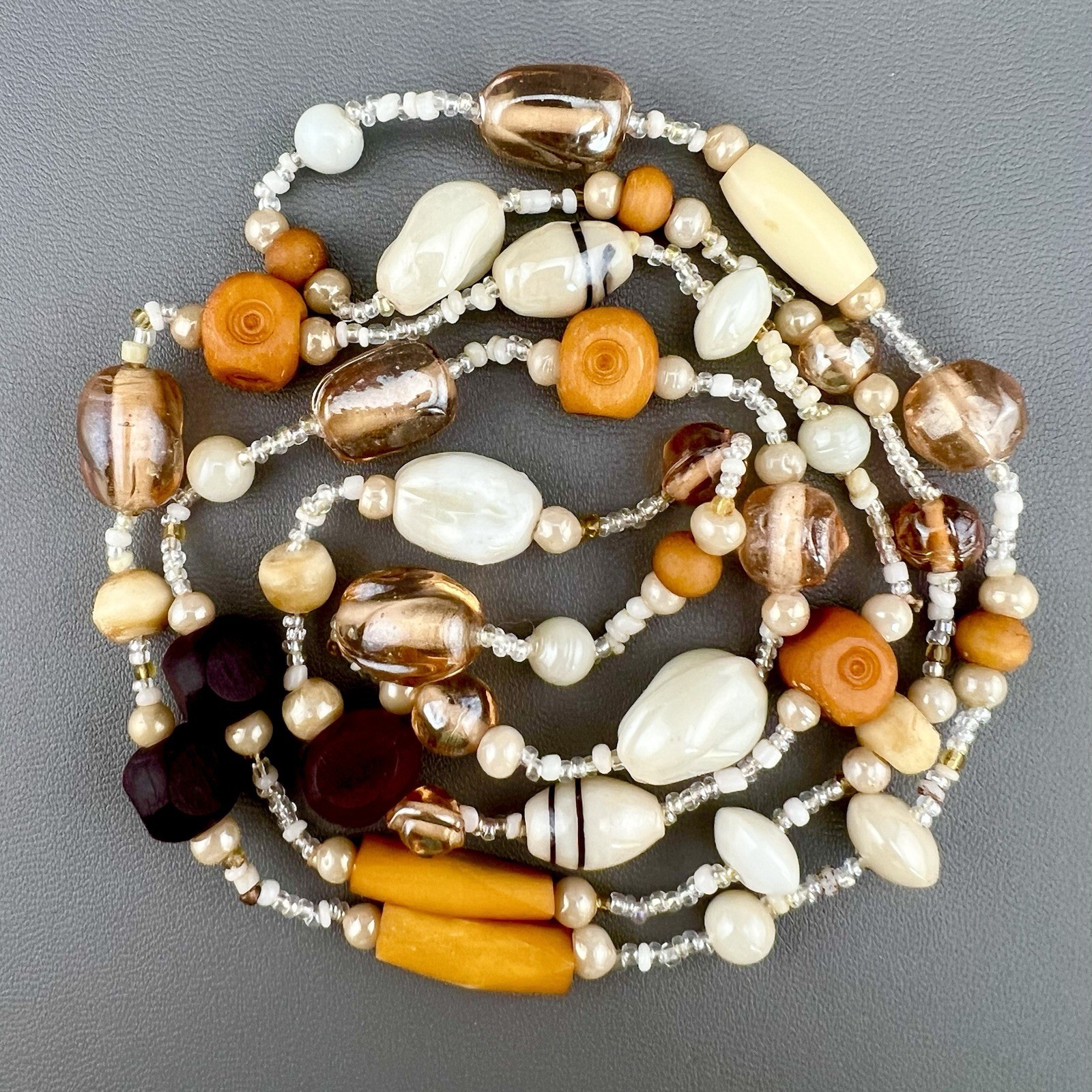 Vintage Necklace Art Glass Beaded Cream Orange White Brown 37”