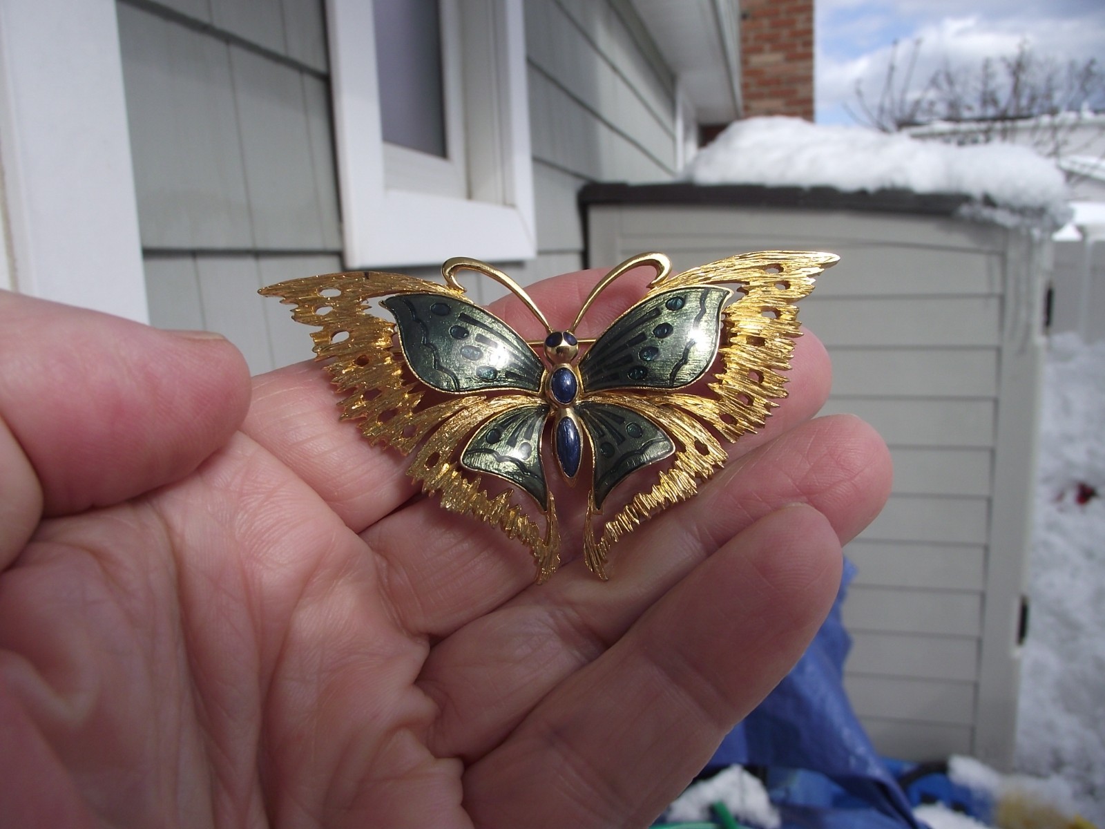 A VINTAGE ORENA PARIS GREEN AND BLUE ENAMEL GOLD TONE BUTTERFLY BROOCH FRANCE