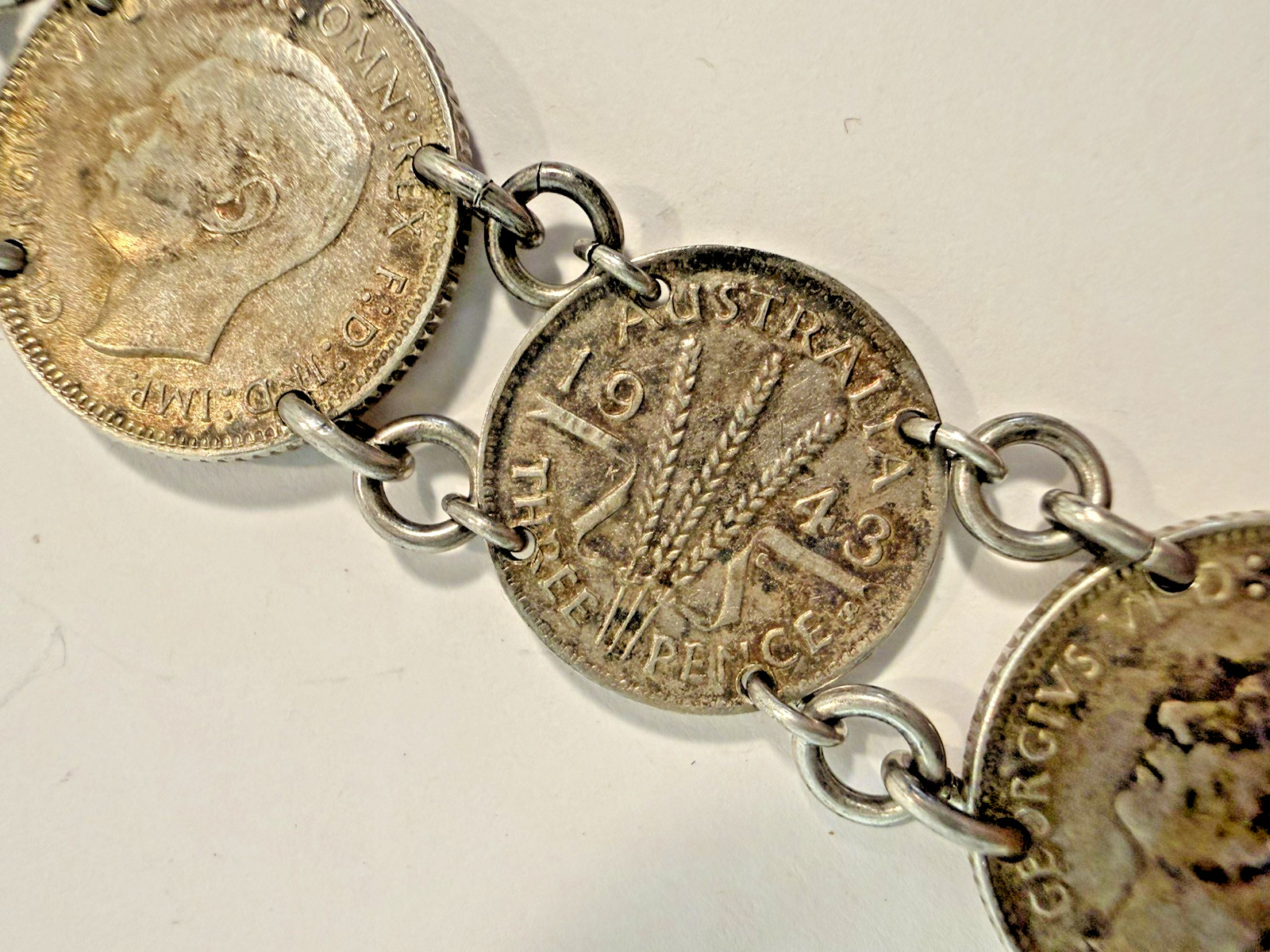 vintage coin Link bracelet 1940s Handmade australian sixpence threepence
