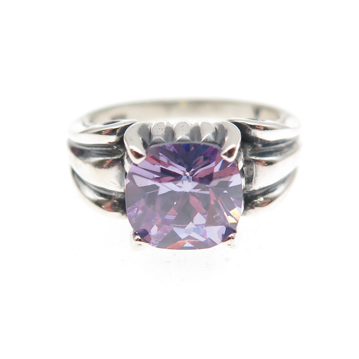 925 Sterling Silver Vintage Cushion-Cut Lavender C Z Oxidized Ring Size 6.25