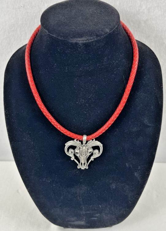 VTG Artisan Pewter Gothic Ram Pendant Red Braided Leather Cord Punk Retro
