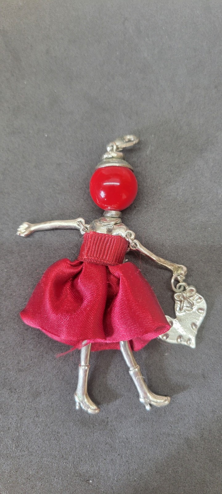 Vintage Articulated Doll Pendant Silver Tone Red Dress Rhinestone Purse Pendant