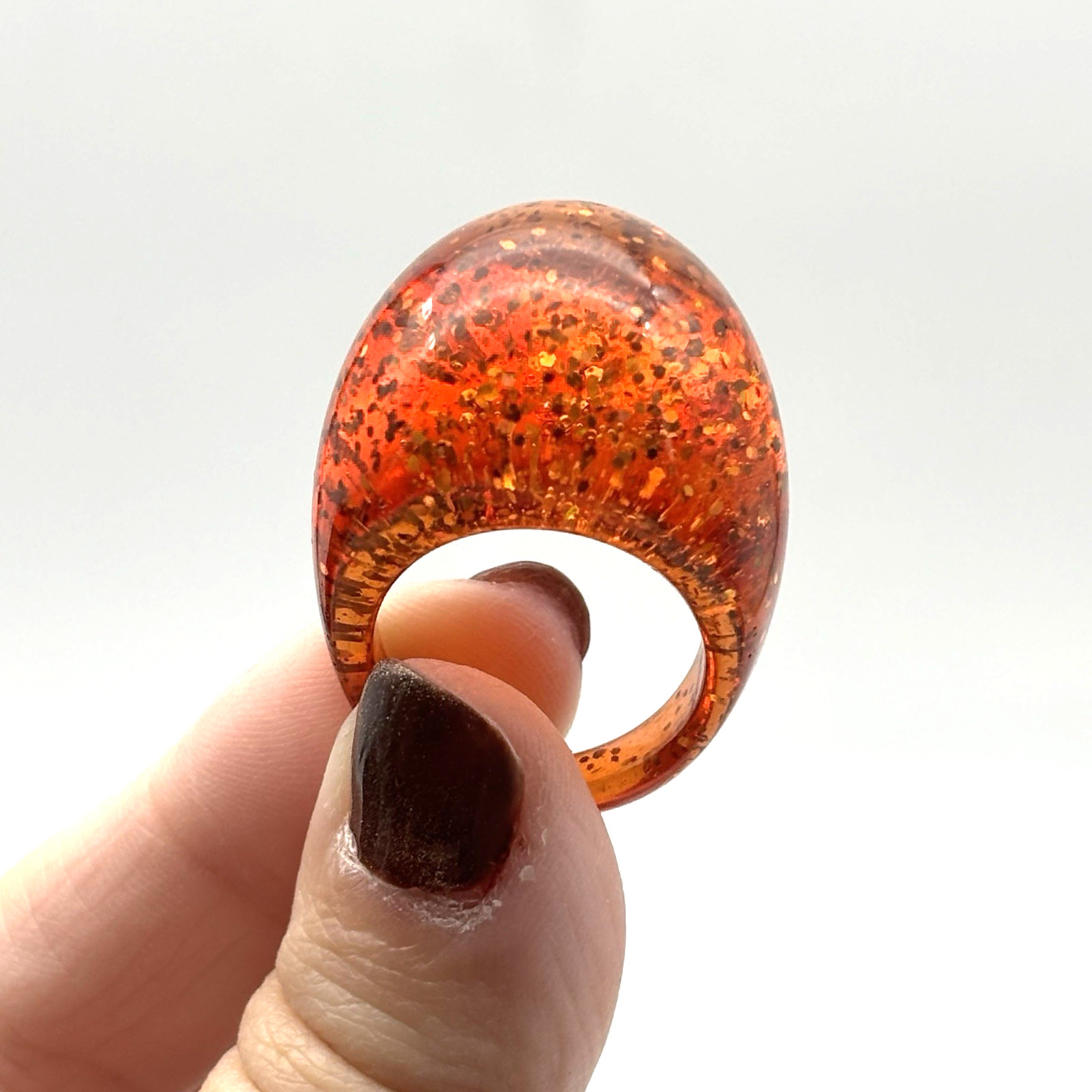 Vintage 1960s Amber Orange Acrylic Glittery Chunky Bubble Dome Ring Size 8.25