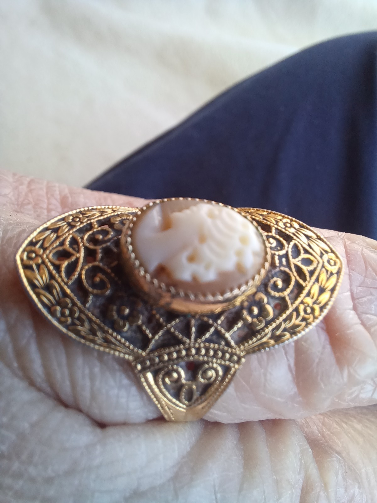 VINTAGE ART DECO JOE ESPOSITO ESPO CARVED SHELL CAMEO 18K HGE FILIGREE RING 7.25