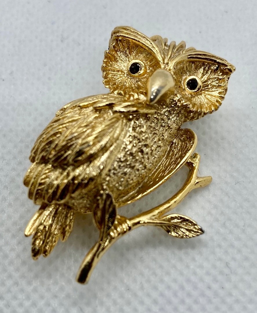 VINTAGE ORENA PARIS FRENCH RETRO ART DECO GOLD BAUBLE LOVE HIBOU DOVE PIN BROOCH